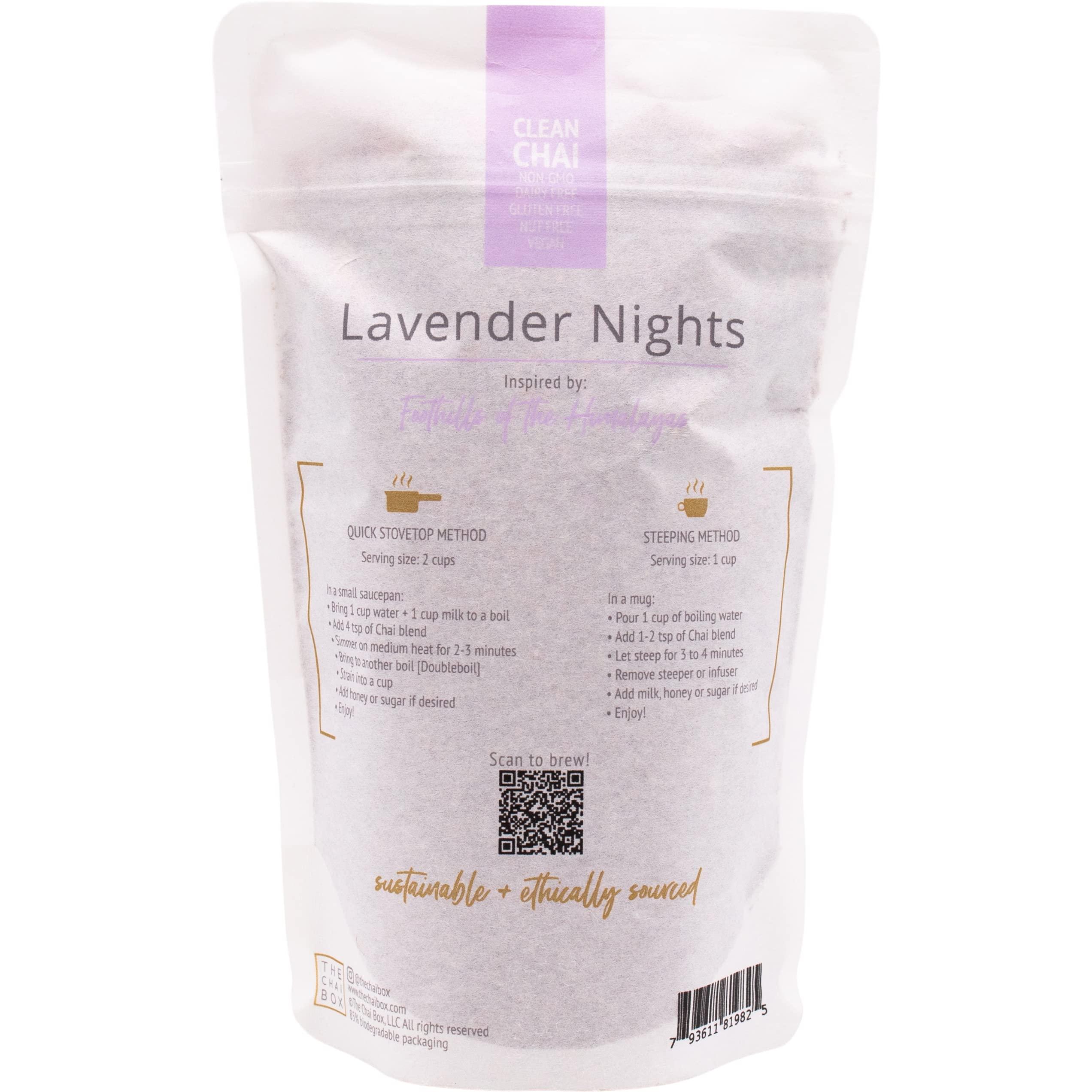 The Chai Box The Chai Box - Lavender Nights - Caffeine Free Chai Tea - Featured in Oprah\'s Favorite Things - Perfect for late-night relaxation. Rooibos leaves, lavender, cardamom and rose petals - 2.5oz