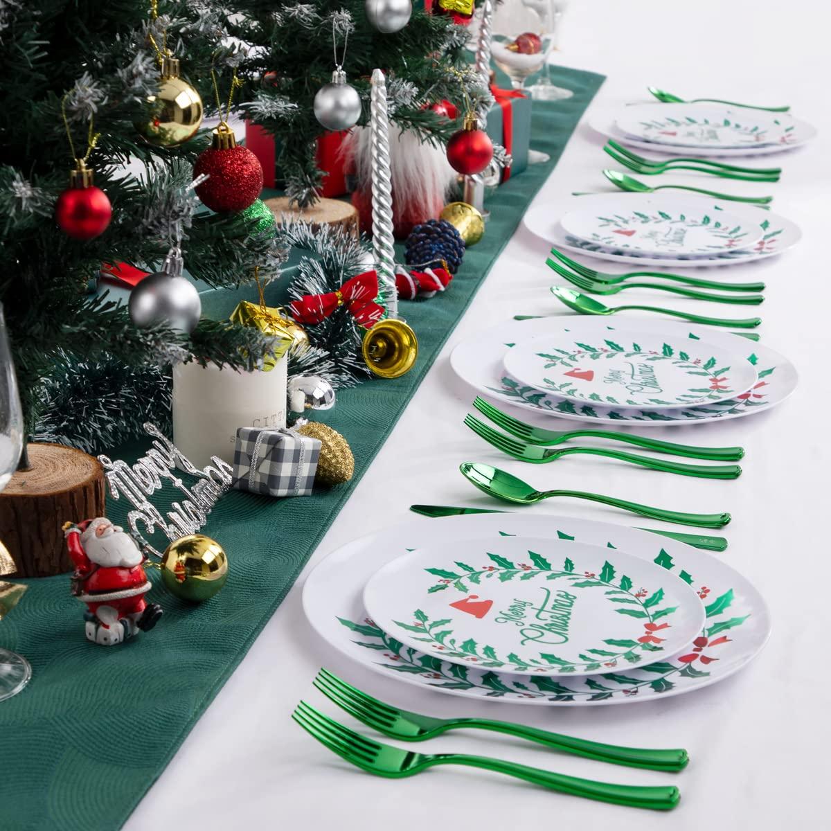 DaYammi DaYammi 60 PCS Christmas Plates White and Green Plastic Plates Red and Green Christmas Disposable Party Plates Include: 30 Christmas Dinner Plates 10.25\", 30 Dessert Plates 7.5\" for Christmas Party