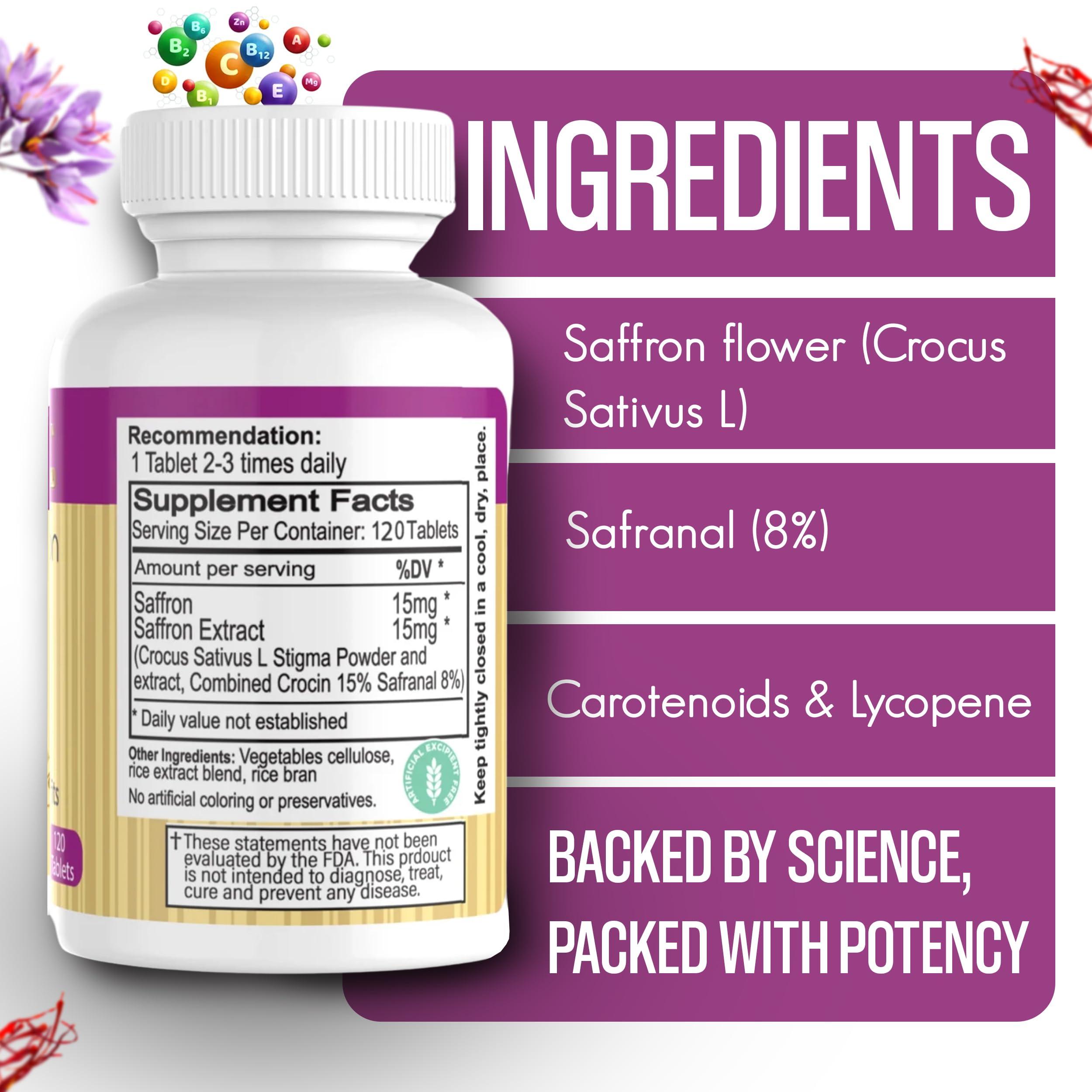 EXIR 30mg Saffron Supplement Tablets - Focus, Mental Clarity & Cognition - Nootropic Saffron Supplement with Natural Saffron Powder, 120 Tablets