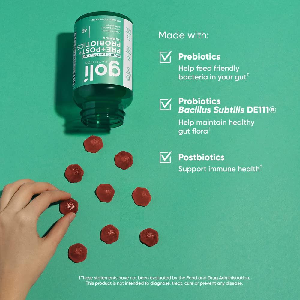 Goli Goli Nutritional Supplement, Pre+Post+Probiotics Gummy - 180 Count - World\'s First 3-in-1 Gluten-Free, Vegan, Non-GMO, and Gelatin-Free.