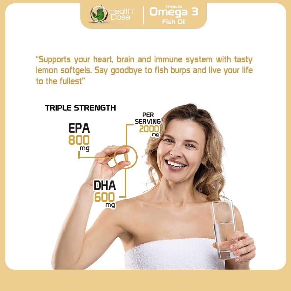 Health Dose Health Dose Omega 3 Fish Oil  Lemon-Flavored Softgels with EPA & DHA for Brain, Heart, and Wellness Support  Easy-to-Digest, No Fish Burps  120 Softgels, 2-Month Supply