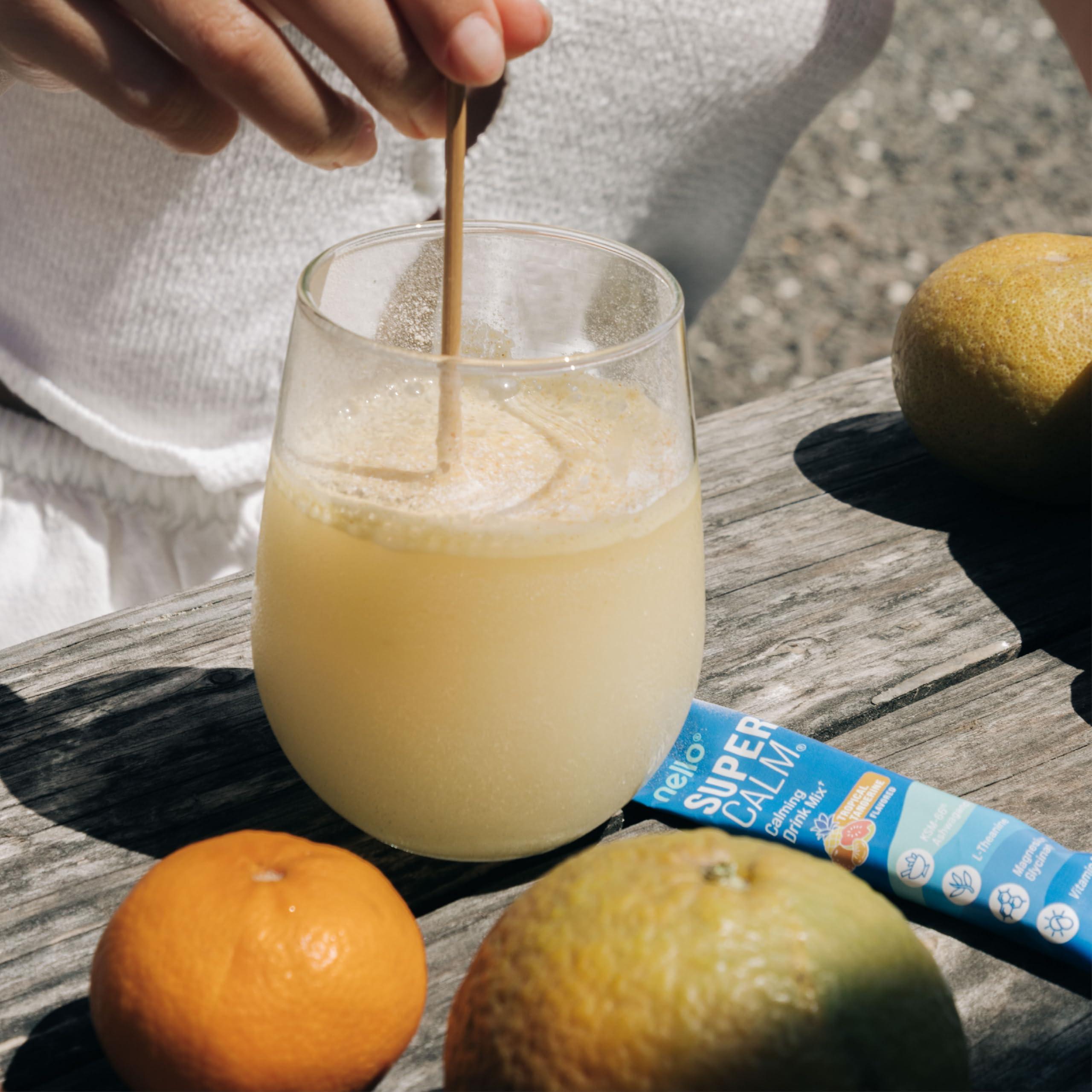 Nello Nello Supercalm Powdered Drink Mix, Tropical Tangerine, L Theanine, Ksm-66 Ashwagandha, Magnesium Glycinate, Vitamin D 3, Supplements for Relaxation & Focus, Natural, No Sugar, Non GMO, 20 Srvg