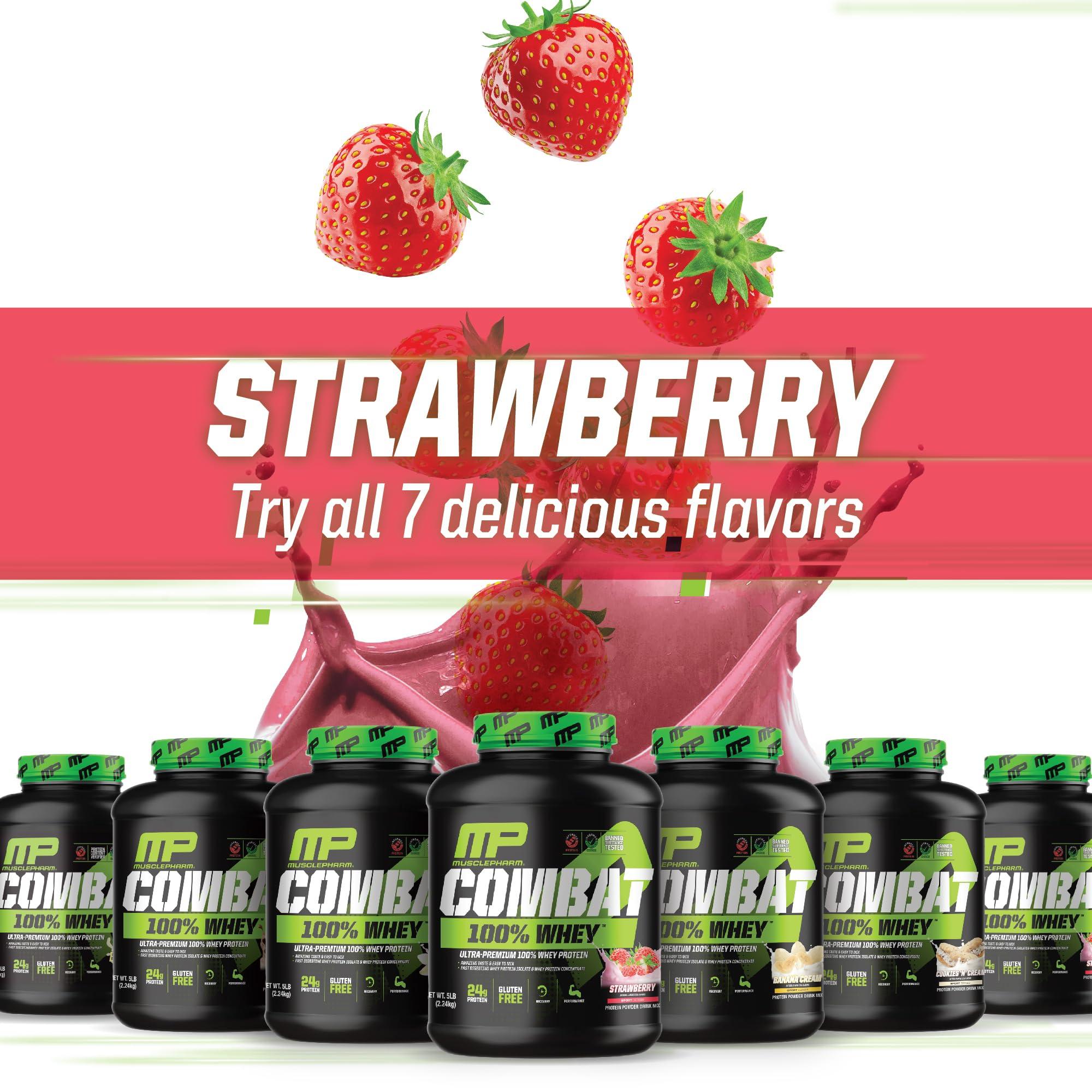 Muscle Pharm MusclePharm Combat 100% Whey Protein Powder, Strawberry Cream Flavor, Fast Recovery & Muscle Gain with Whey Protein Isolate, High Protein Powder for Women & Men, Gluten Free, 5 lb, 70 Servings