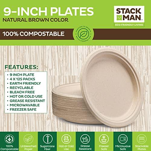 Stack Man 100% Compostable Paper Plates 9 Inch [500 Count] Heavy-Duty Dinner Plates - Natural Brown Color Unbleached Bagasse - Eco-Friendly Disposable Biodegradable Sugarcane Plates - [Bulk Case 4/125 Pack]