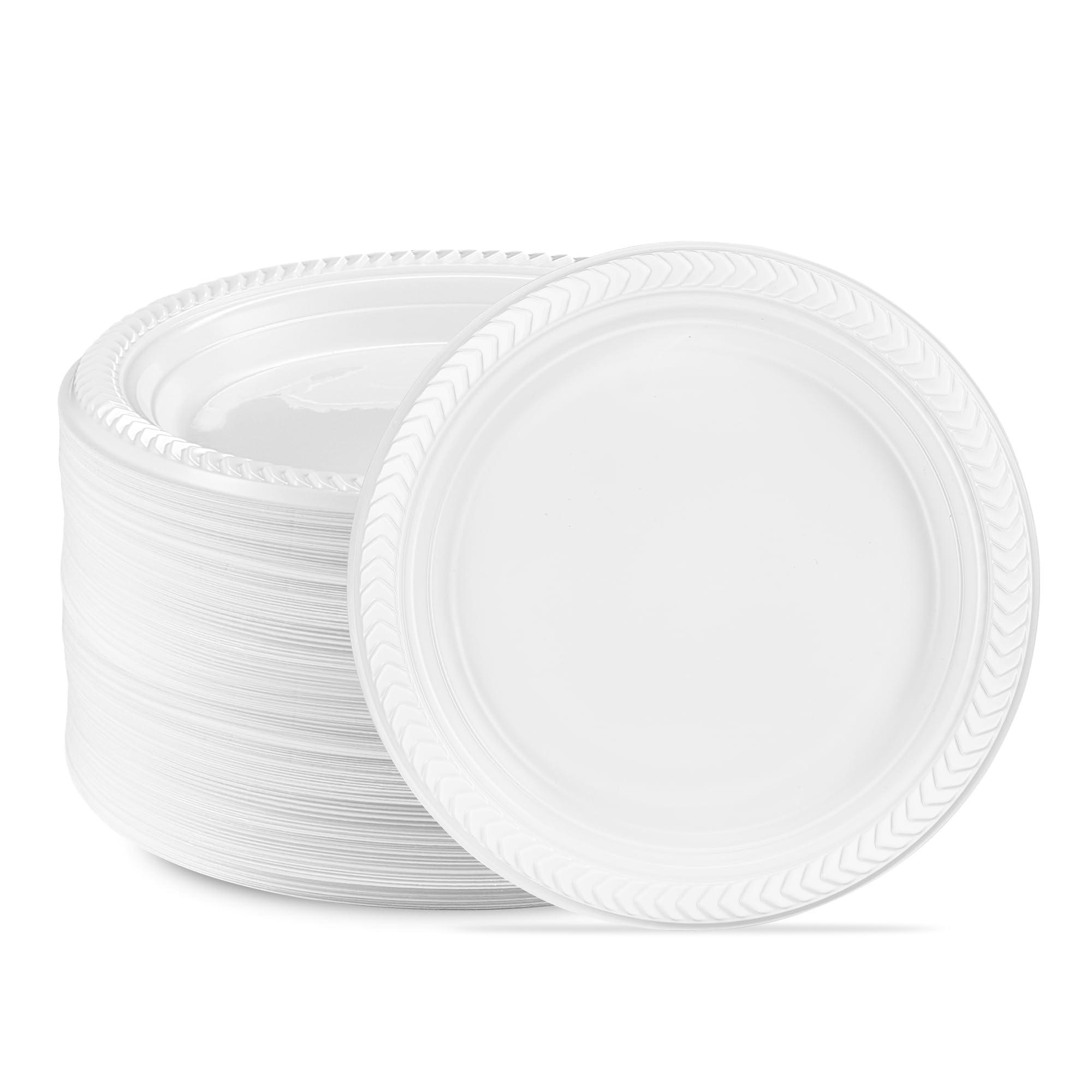 PLASTICPRO PLASTICPRO 400 PCS White Plastic Round Plastic 7 Inch Plates Premium Quality Light Weight Disposable Plastic Dishes Dinner Plates for Parties Weddings
