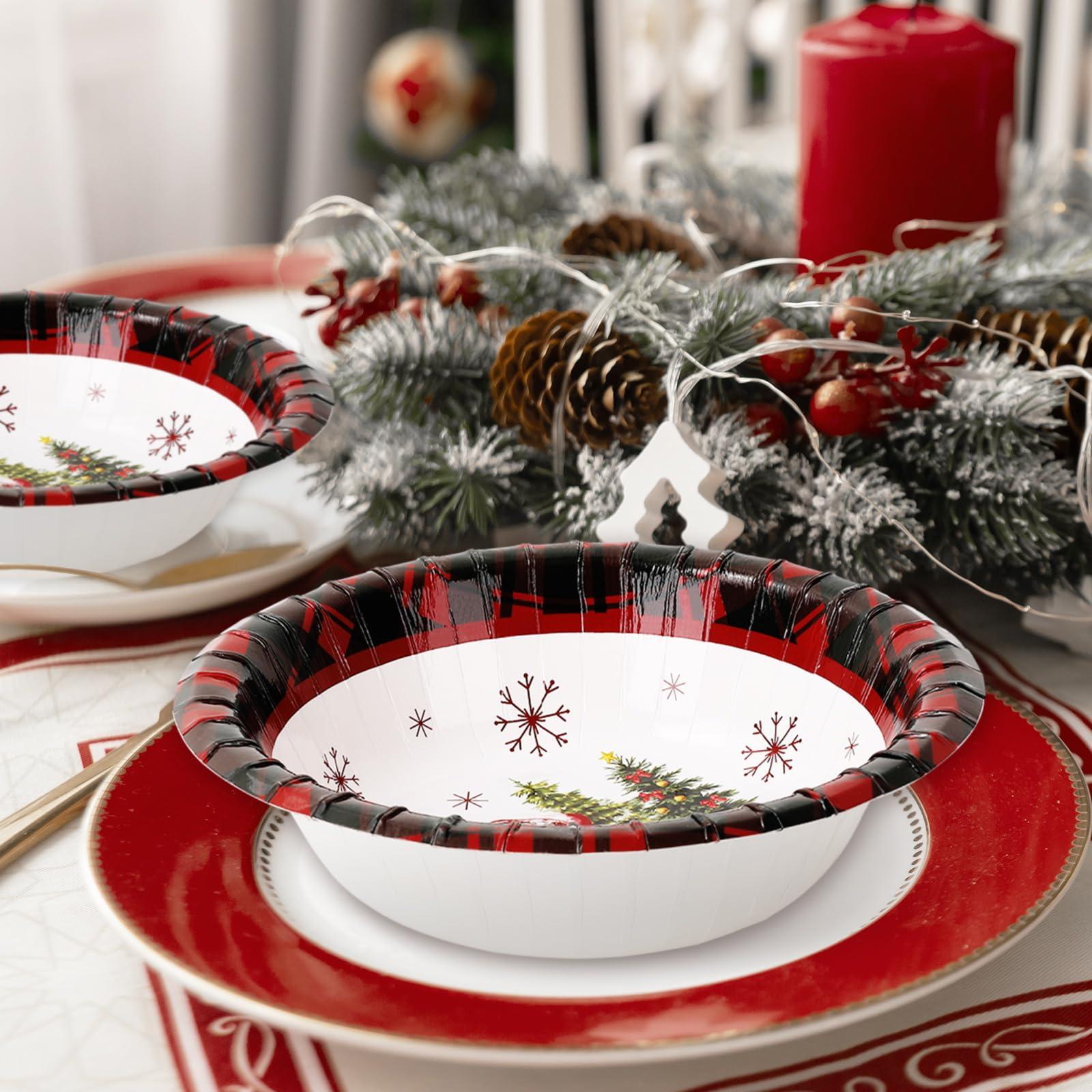 Whaline Whaline 100Pcs Christmas Paper Bowls Red Black Plaid Xmas Tree Truck Disposable Serving Bowls Winter Christmas Ice Cream Bowl for Hot Cold Food Party Supplies