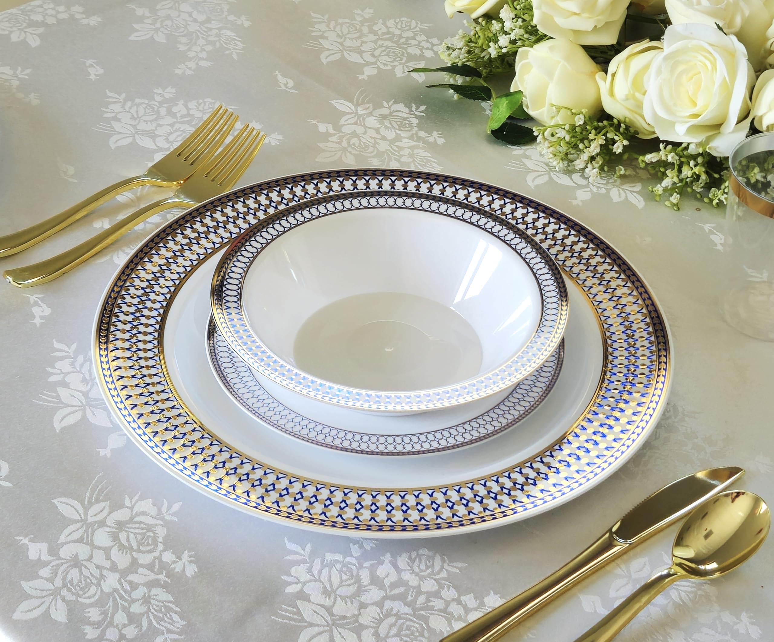 OCCASIONS FINEST PLASTIC TABLEWARE " OCCASIONS " 60 Plates Pack, Heavyweight Disposable Wedding Party Plastic Plates (7.5'' Appetizer/Dessert Plate, Odyssey in White/Blue & Gold)