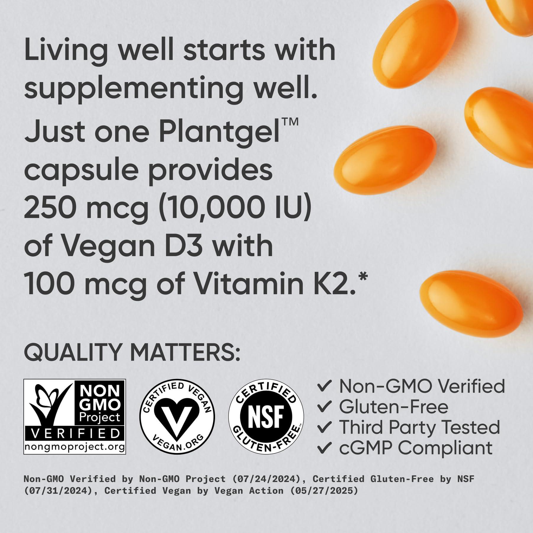 Sports Research Sports Research Vegan D3 10,000iu with Vitamin K2 100mg - Formulated with Coconut MCT Oil - Vegan Certified, Soy & Gluten Free - 60 Softgels