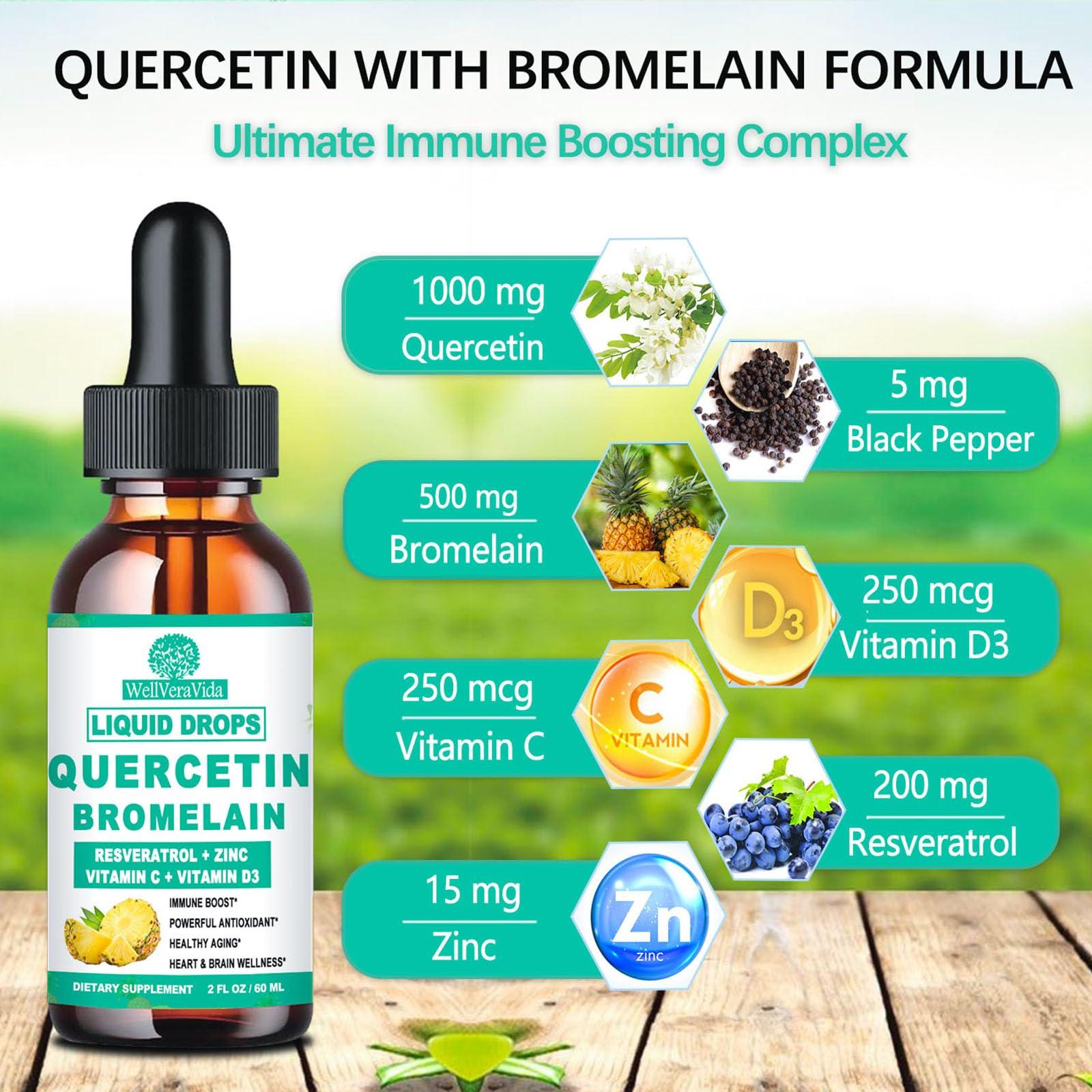 WellVeraVida Quercetin with Bromelain Liquid Drops, 4X Stronger Than Capsules & Pills, 7-in-1 Organic Zinc Quercetin 1000mg with Bromelain 500mg Vitamin C D3 Immune Complex for Respiratory Health & Antioxidant