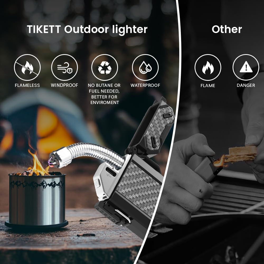 TIKETT Dual Arc Waterproof Windproof Camp Lighter with Retractable Flexible Long Neck,USB Rechargeable Lighter for CandleGrill,and Outdoor
