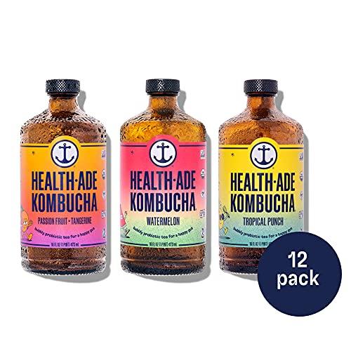 Health-Ade Health-Ade Kombucha Tea Organic Drink, Fermented Tea with Living Probiotics, Detoxifying Acids, Supports Gut Health, Non-GMO, Vegan, Gluten Free, 12 Pack (16 Fl Oz Bottles), Paradise Variety Pack