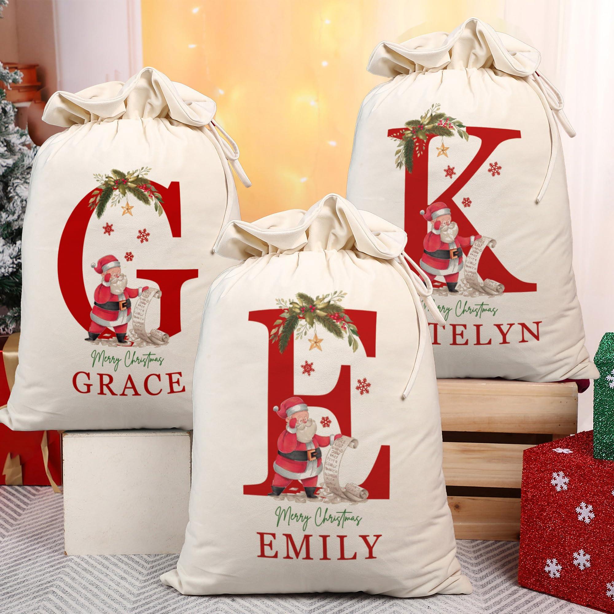 Magic Lunar Set of 4 - Personalized Santa Sack with Initial & Name for Kids Custom Christmas Gift Bags for Holiday Presents Christmas Eve Box Large Sack Bags