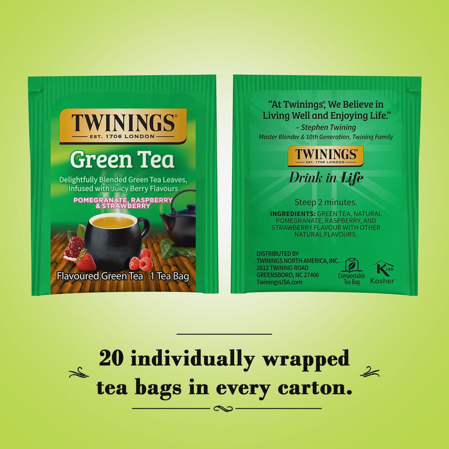 Twinings Twinings Green Tea with Pomegranate, Raspberry, and Strawberry - Caffeinated Green Tea Bags Individually Wrapped, 20 Count (Pack of 2)