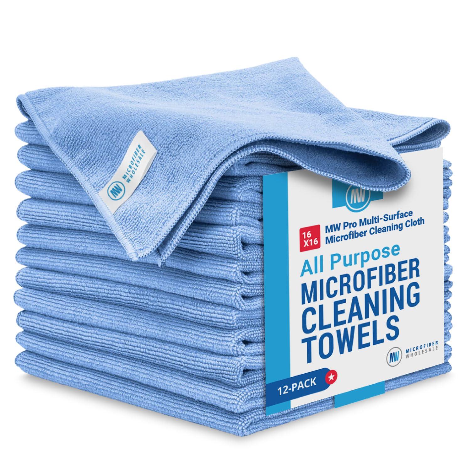 Microfiber Wholesale MW Pro Multi-Surface Microfiber Towel – 12 Pack | Premium Cleaning Cloth | Clean, Buff, Dust, Polish, Absorb | Large 16"x16" (Blue)