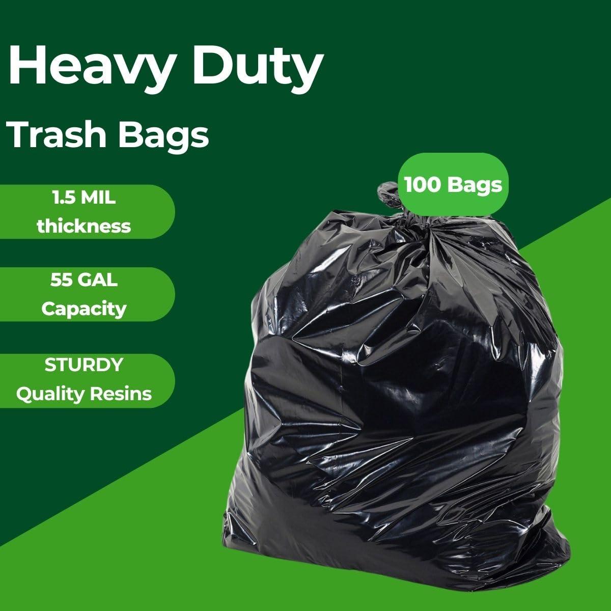 TP PLastic TP Plastic 55 Gallon Heavy Duty Contractor Trash Bags, 1.5 mil Thick Black Construction Bags, 100 Count for Lawn, Leaf, Industrial, and Outdoor Use