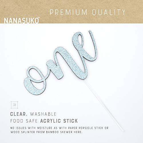 NANASUKO NANASUKO 1st Birthday Cake Topper - one - Double Sided Baby Blue Glitter - Premium Quality Made in USA