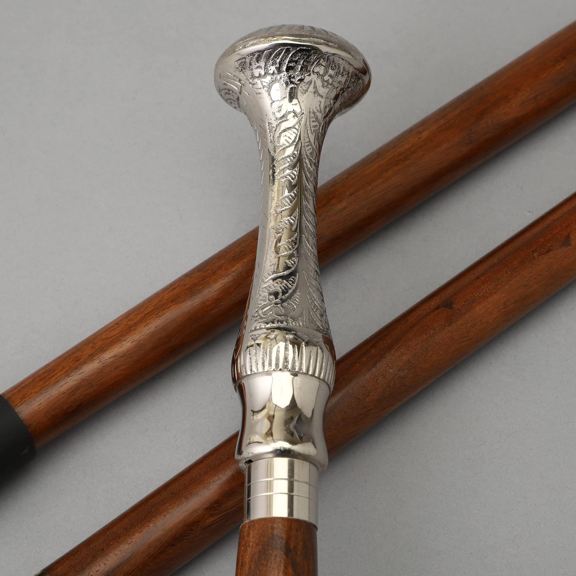 Bhartiya Handicrafts Vintage Walking Cane Wooden Walking Stick Silver Brass Handle, Premium Walking Cane for Men and Women (Long Knob)