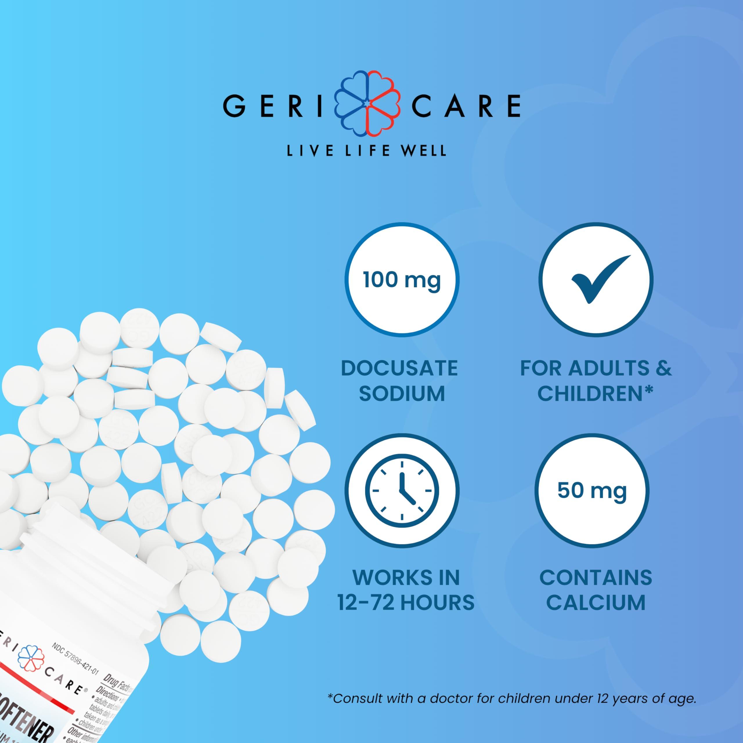 GeriCare GeriCare Docusate Sodium Stool Softeners, Best Stool Softener for Daily use for Women, Men, and Elderly - Ideal for Constipation Relief 100mg Crushable Tablets. (100 Count) Made in The USA.