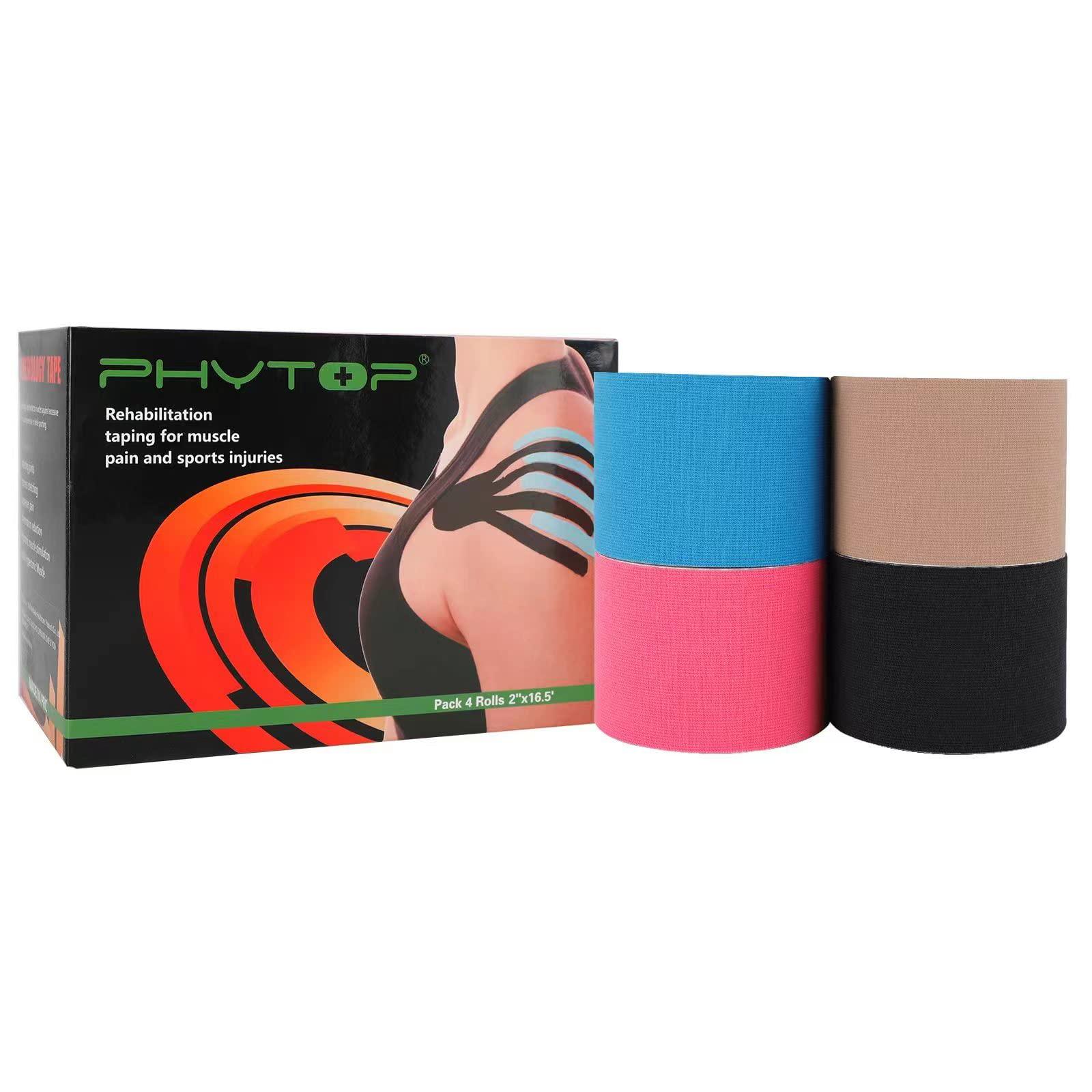 PHYTOP PHYTOP Uncut Kinesiology Tape Bulk 4 Rolls Sports Tape for Muscle (Pink, Blue, Black, Beige), K Tape for Physio Therapy and Knee Support