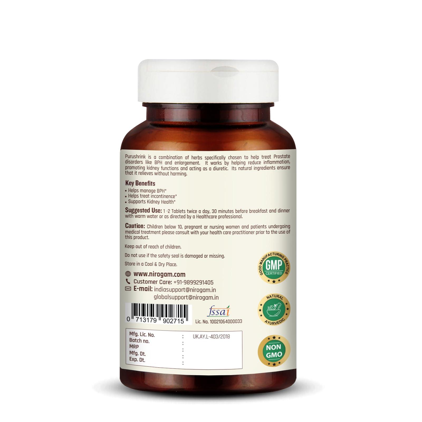 Nirogam Nirogam Purushrink Prostate Health Supplement for Men | Support Better Sleep and Urinary Health | Natural Ayurvedic Formula 120 Tablets