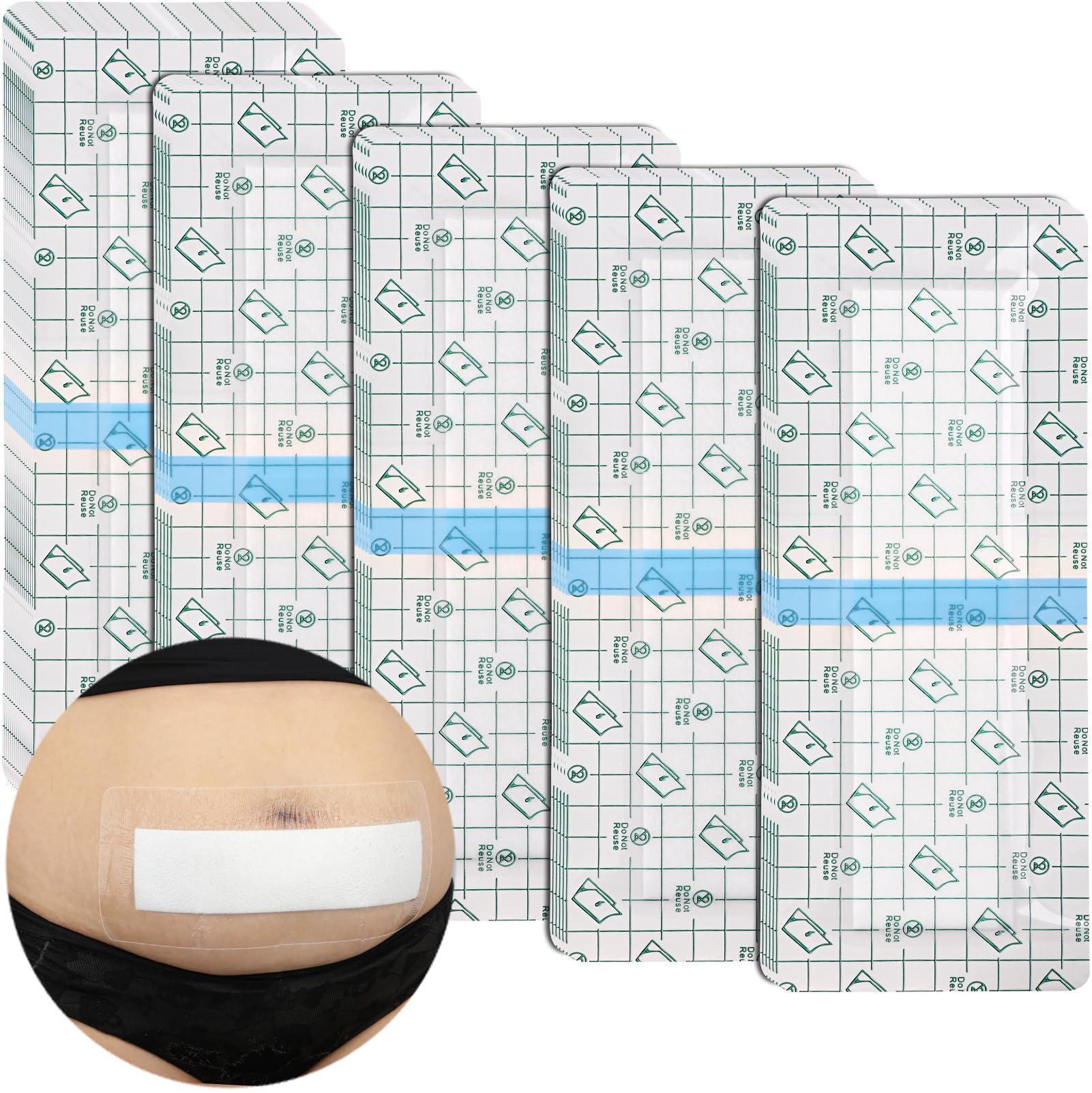 EaseCare C-Section Waterproof Abdominal Incision Bandages Post Hysterectomy Tummy Tuck Shower Protector Scar Cover with Protective Pad Patches Island Dressing Tapes Large Wound Care Supplies 4x10 Pack of 25