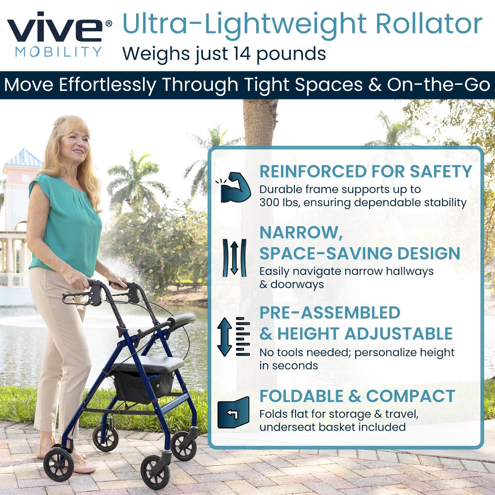 Vive Mobility Vive Mobility Ultra Lightweight Rollator Walker with Seat - Foldable, Narrow, Rolling Senior Walker for Small Spaces - 4 Wheel Aluminum Adult Easy Drive Walker with Underseat Accessory