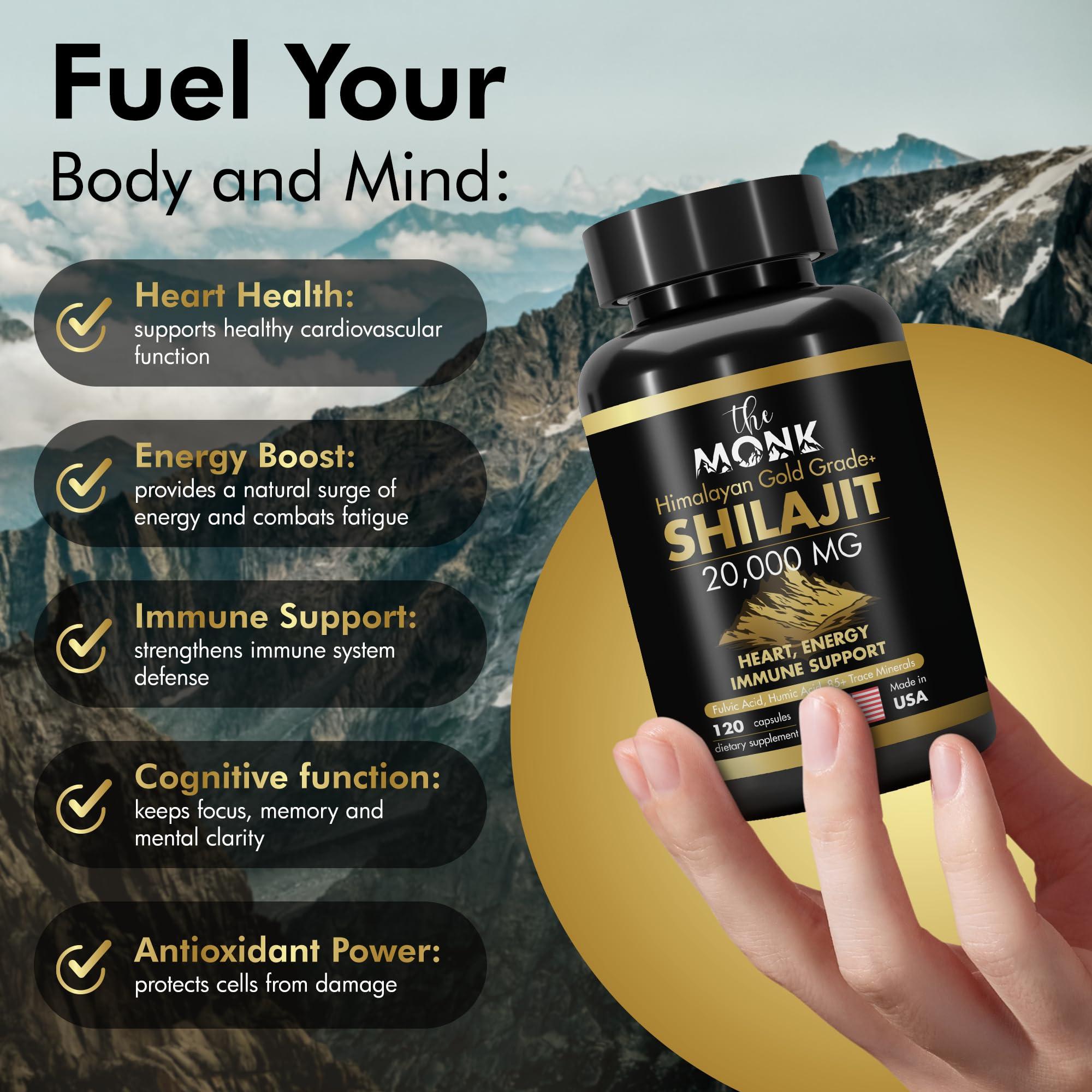 THE MONK Organic Shilajit with Fulvic Acid, Humic Acid, 85+ Minerals- Gold Grade Plus - Same as Resin - Energy, Stamina, Brain Support - 20,000mg, 120 Capsules - Made in The USA