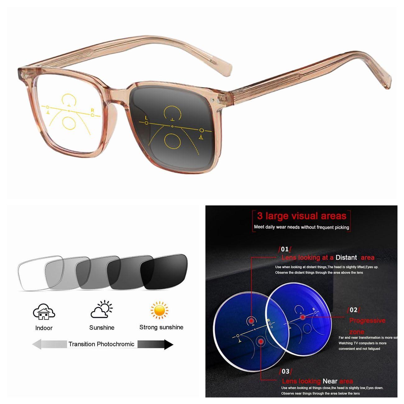 EFLAL EFLAL Near Far Varifocal Multifocal Progressive Women Transparent Orange UV400 Transition Photochromic Reading Glass (175 distance, 300 reading, Transparent Orange)