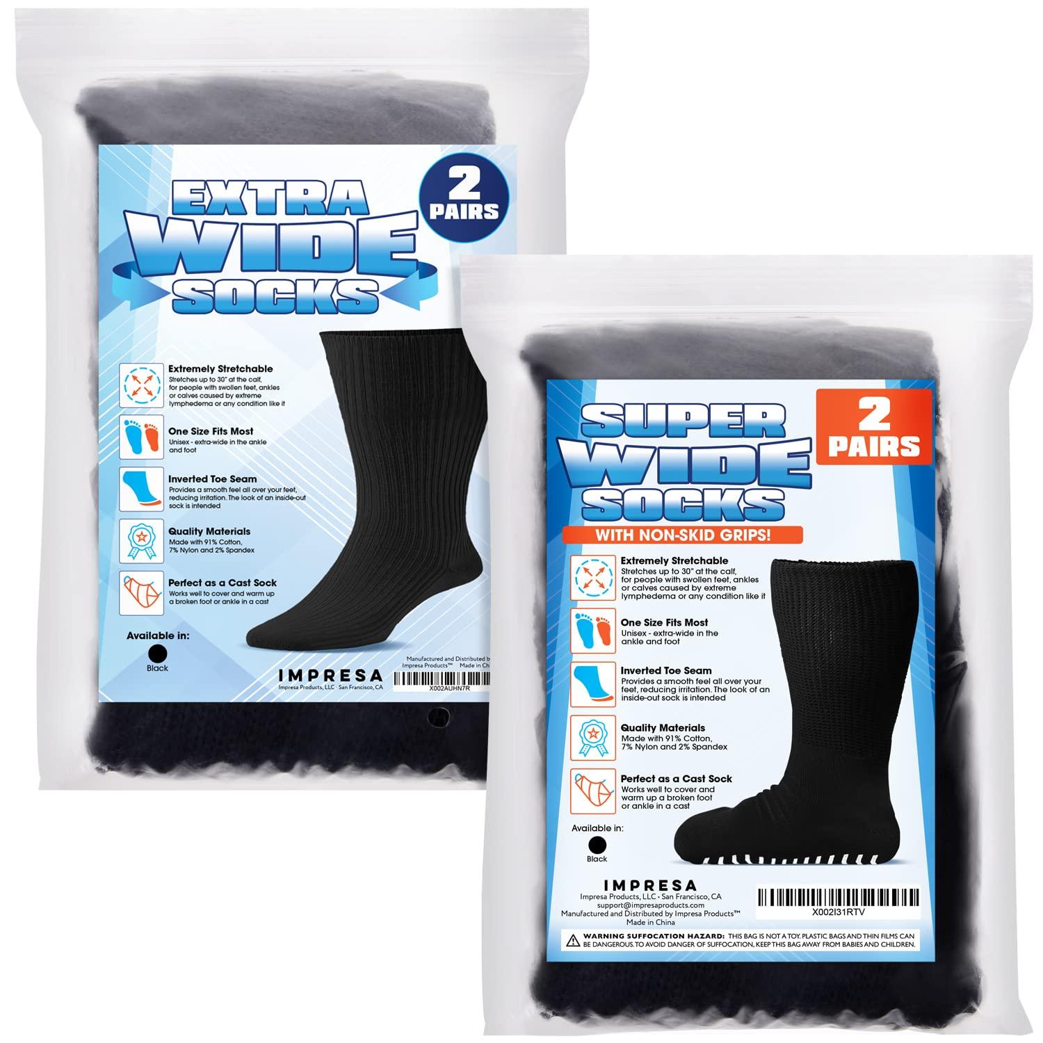 IMPRESA IMPRESA [4 Pairs Extra Width Socks for Lymphedema - Bariatric - Oversized Stretches up to 30\'\' Over Calf for Swollen Feet - One Size Unisex Black 2 Pairs Regular and 2 Pairs With Non Skid Grips