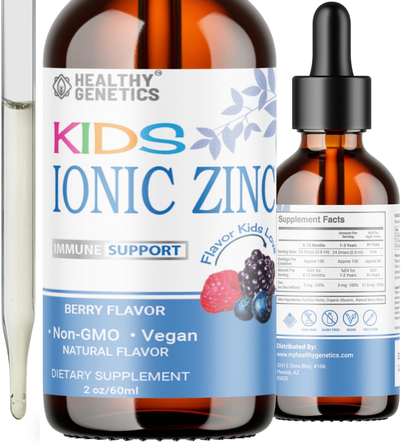 Healthy Genetics Ionic Liquid Zinc Drops for Kids | 30 Day Supply | Zinc Sulfate | Immunity, Mood, Brain Thyroid | 2 Oz