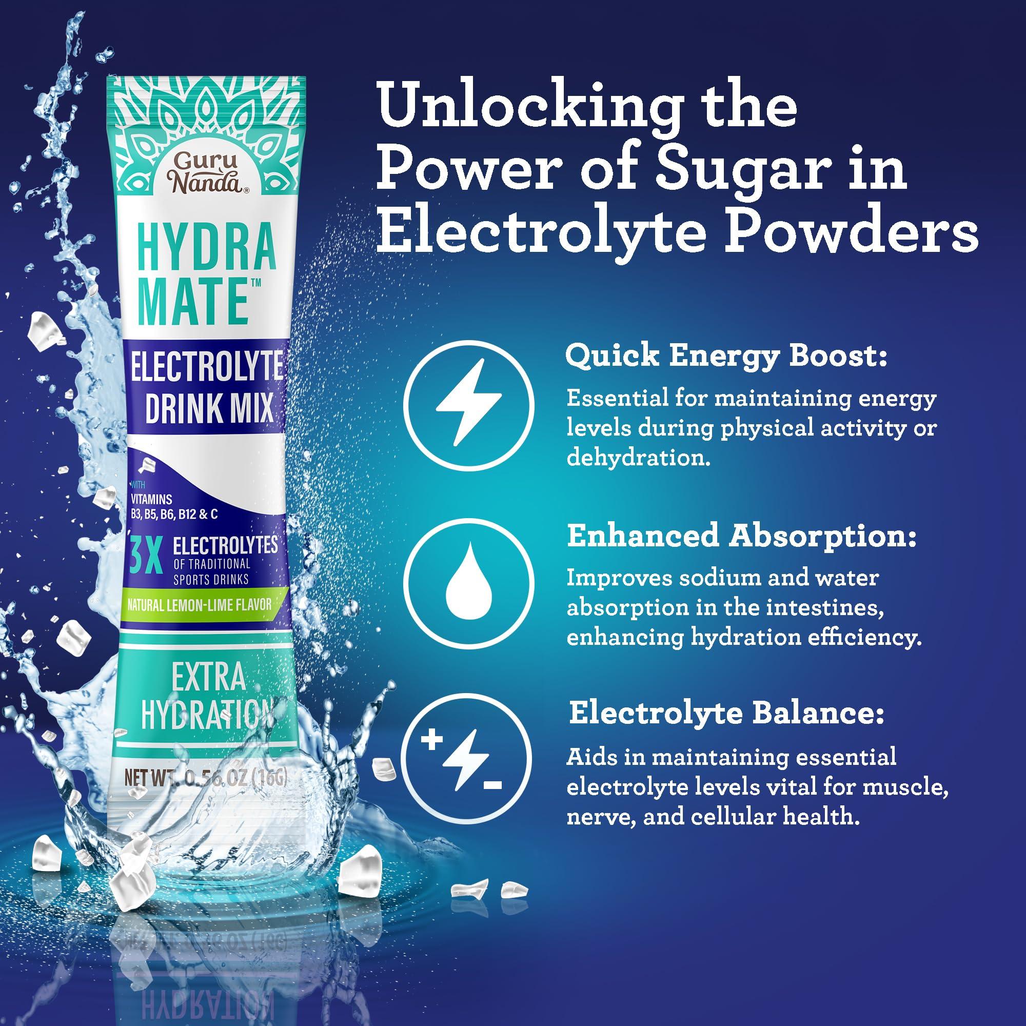 GuruNanda GuruNanda Hydramate Hydration Support Drink Mix - Electrolyte Powder Packets for Dehydration, Exercise & Energy - No Added Sweeteners, Non-GMO, Natural Lemon Lime Flavor - 12 Count (0.56 oz Each)