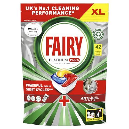 Fairy Fairy Platinum Plus All-In-1 Dishwasher Tablets Bulk, Fairy Dishwasher Tablets Platinum Plus, 42 Tablets, Lemon, With Anti-Dull Technology & Rinse Aid Action