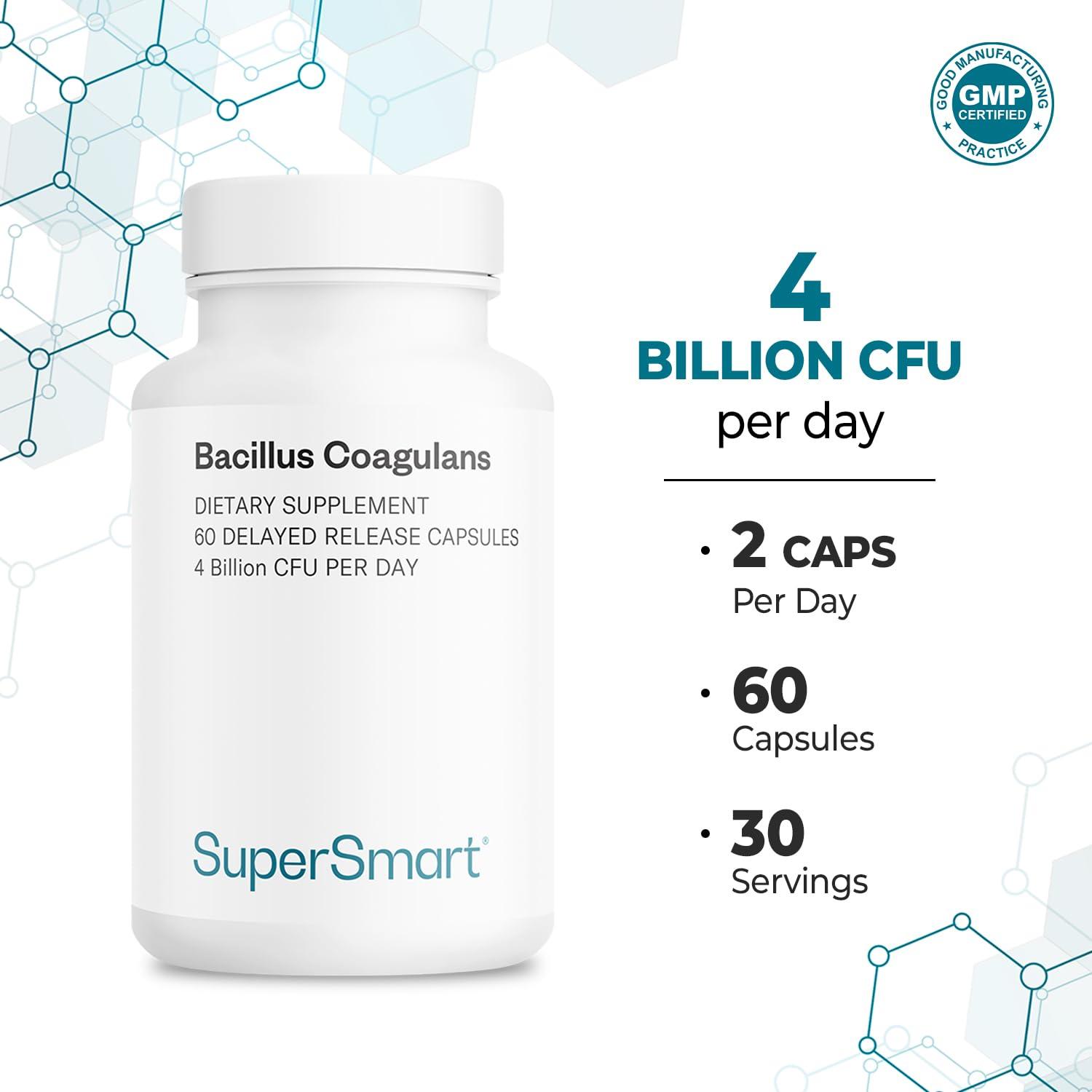 Supersmart Supersmart - Bacillus Coagulans Probiotic 4 Billion CFU per Day (High Absorption) - Lactobacillus Sporogenes Supplement | Non-GMO & Gluten Free - 60 Delayed Released Capsules