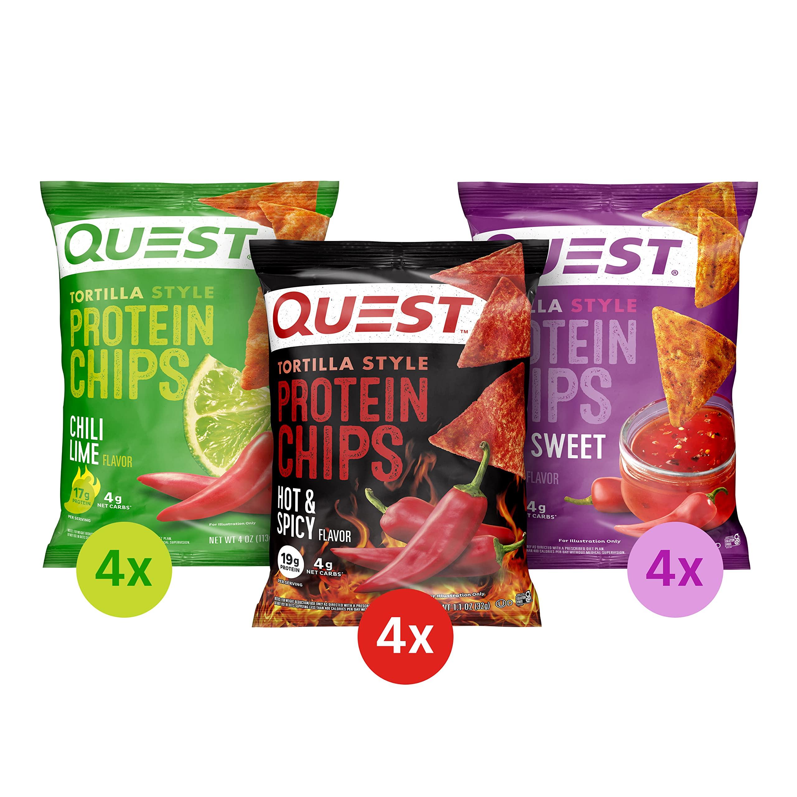 Quest Nutrition Quest Tortilla Style Protein Chips Variety Pack Chili Lime Hot & Spicy Spicy Sweet Chili 12 Count & Nacho Cheese Pack of 12