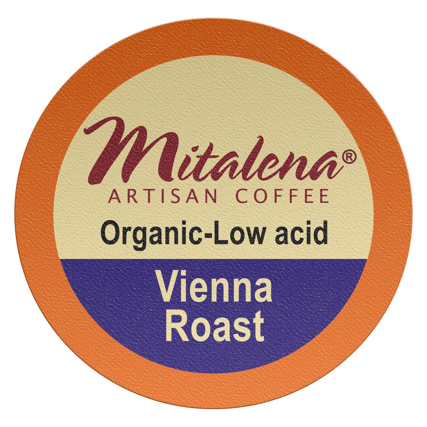 Mitalena Gourmet Coffee Mitalena Vienna Roast Low Acid Organic Coffee Pods - Medium Roast Coffee for Keurig K-cup Coffee Maker - Enjoy Small Batch Artisan Coffee, Avoid Heartburn and Acid Reflux - 12 cups