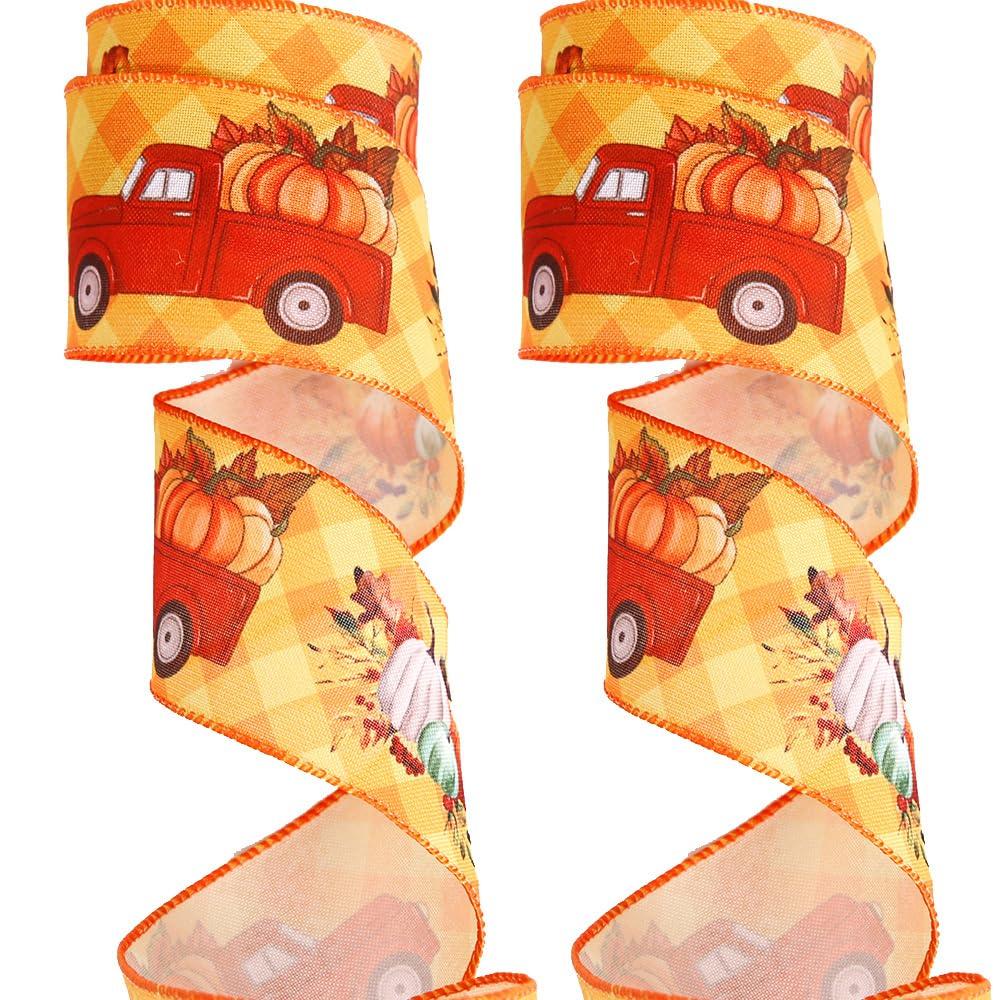 KALWAX Autumn Ribbon Roll, Halloween Ribbon, Fall Wired Ribbon in 6.5cm Width for Wrapping Orange Plaid Maple Leaf Pumpkin Autumn Harvest DIY Craft Ribbon for Gift Wrapping Wreath Decor Bow (5 Pieces)