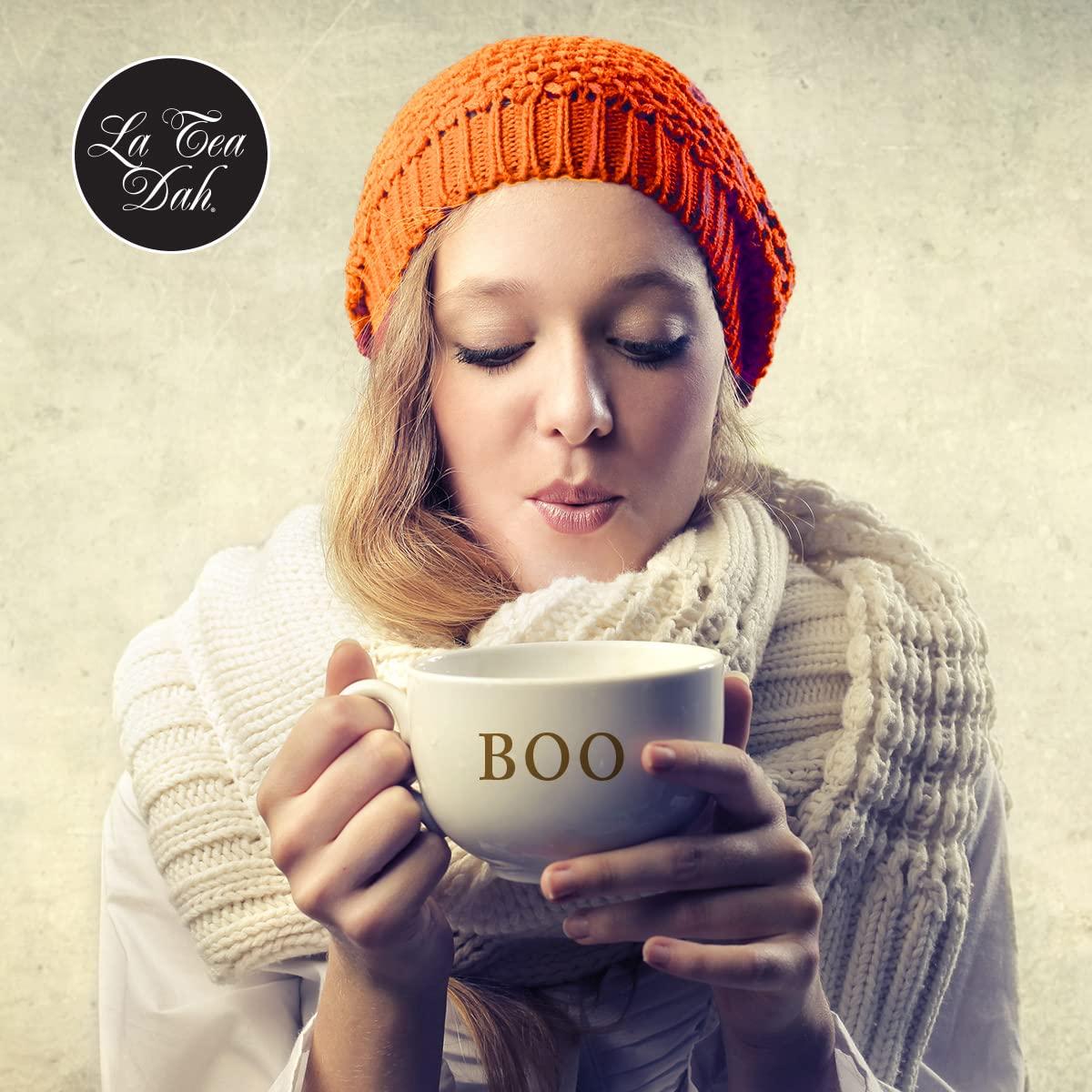 La Tea Dah Trick or Treat Gift Basket for Halloween by La Tea Dah, Warm Apple Cider Tea, Pumpkin Spice Breakfast Tea, and Two Honey Stirrers, Halloween Treats Non Candy, Gourmet Tea Gift Sets