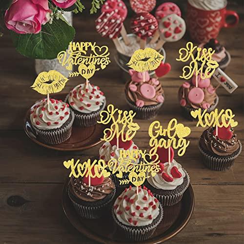 ZHUOWEISM 30 PCS Happy Valentine's Day Cupcake Toppers Glitter Lips Kiss Me Love heart Be Mine Cupcake Picks for Valentine's Day Theme Wedding Bridal Shower Birthday Party Cake Decorations Supplies Gold