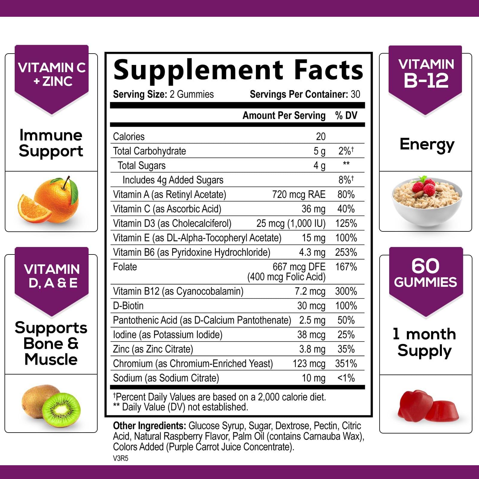 Nature's Nutrition Multivitamin Gummy Vitamins, Berry Flavored Adult Daily Vitamins for Women & Men with Multi Vitamin A, C, D, E, B6, B12, Zinc & Antioxidants Supplement for Immune Health Support, Non-GMO - 60 Gummies