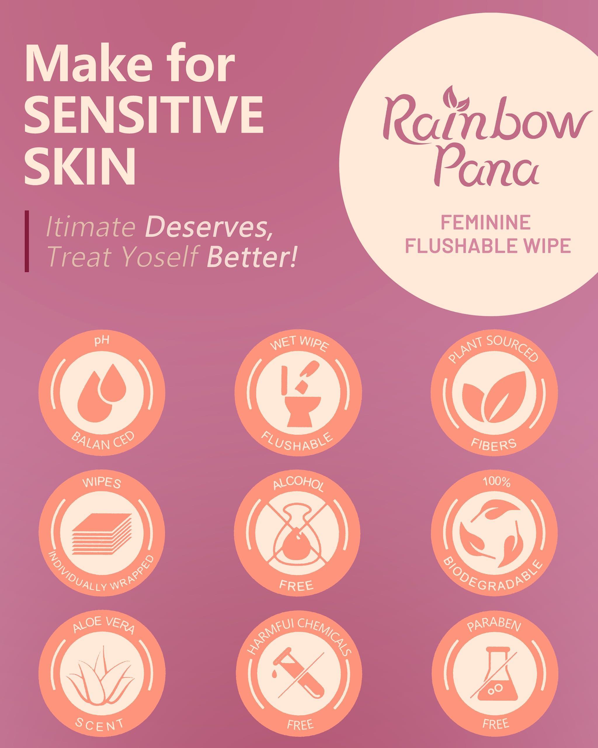 Rainbow Pana RainbowPana Feminine Wipes, 40 Count ON-THE-GO Individually Wrapped | Flushable Wipes, Travel Wipes for Women, Pre/Post-Intimacy Cleansing | Aloe, Portulaca, Vitamin E | pH Balanced, Biodegradable