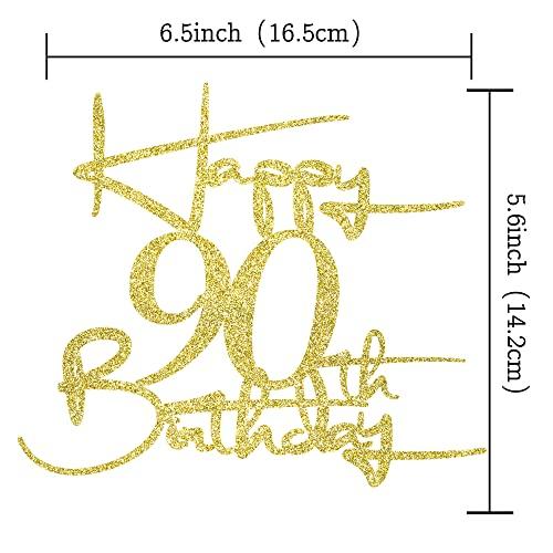 Verherer Happy 90th birthday cake topper Golden glitter Happy birthday cake decorations 90th birthday party decorations (90)