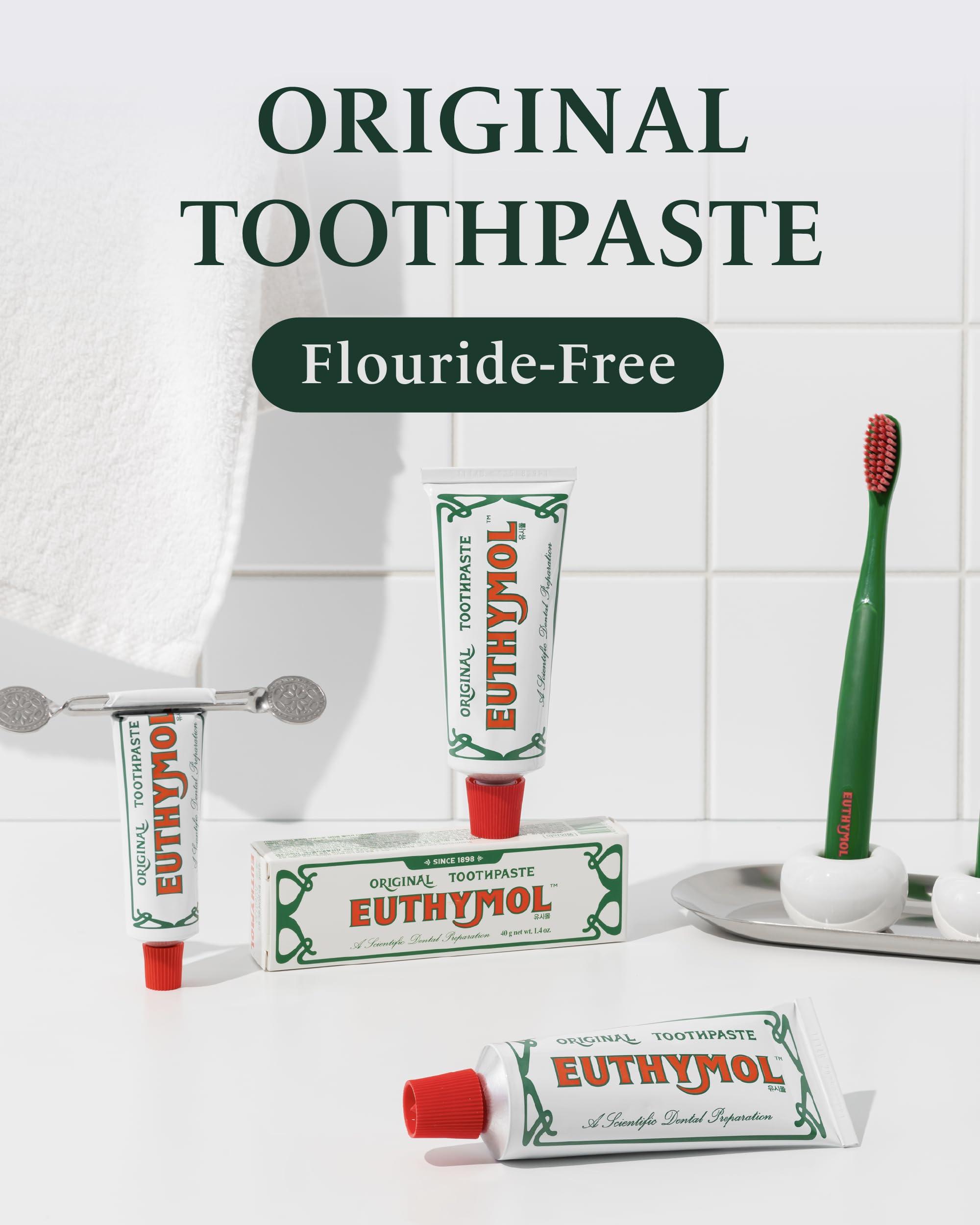 Euthymol Euthymol Original Toothpaste Pack of 5 and Regular Toothbrush Pack of 6 for Sensitive Teeth & Gum. Bad Breath, Cavity Prevention, Gentle, Quick Cleaning.