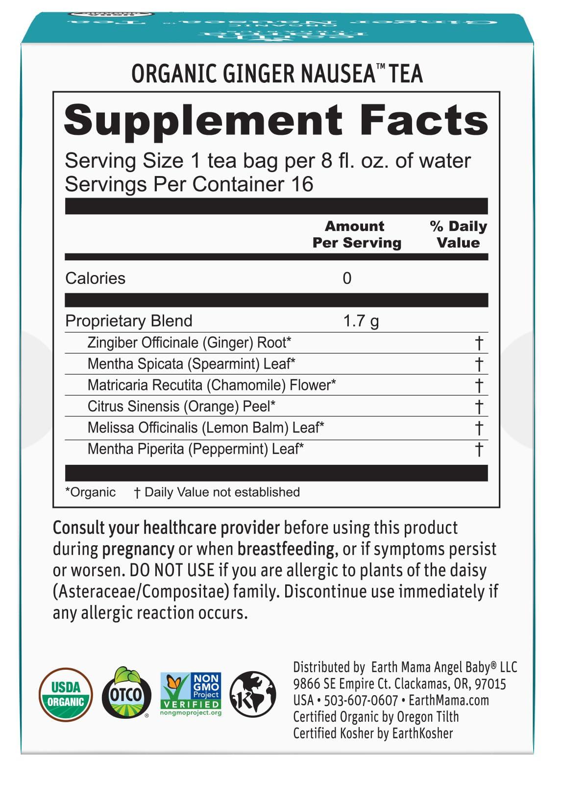 Earth Mama Earth Mama Organic Ginger Nausea Tea | Comforts Occasional Nausea + Morning Sickness, 16 Teabags Per Box (6-Pack)