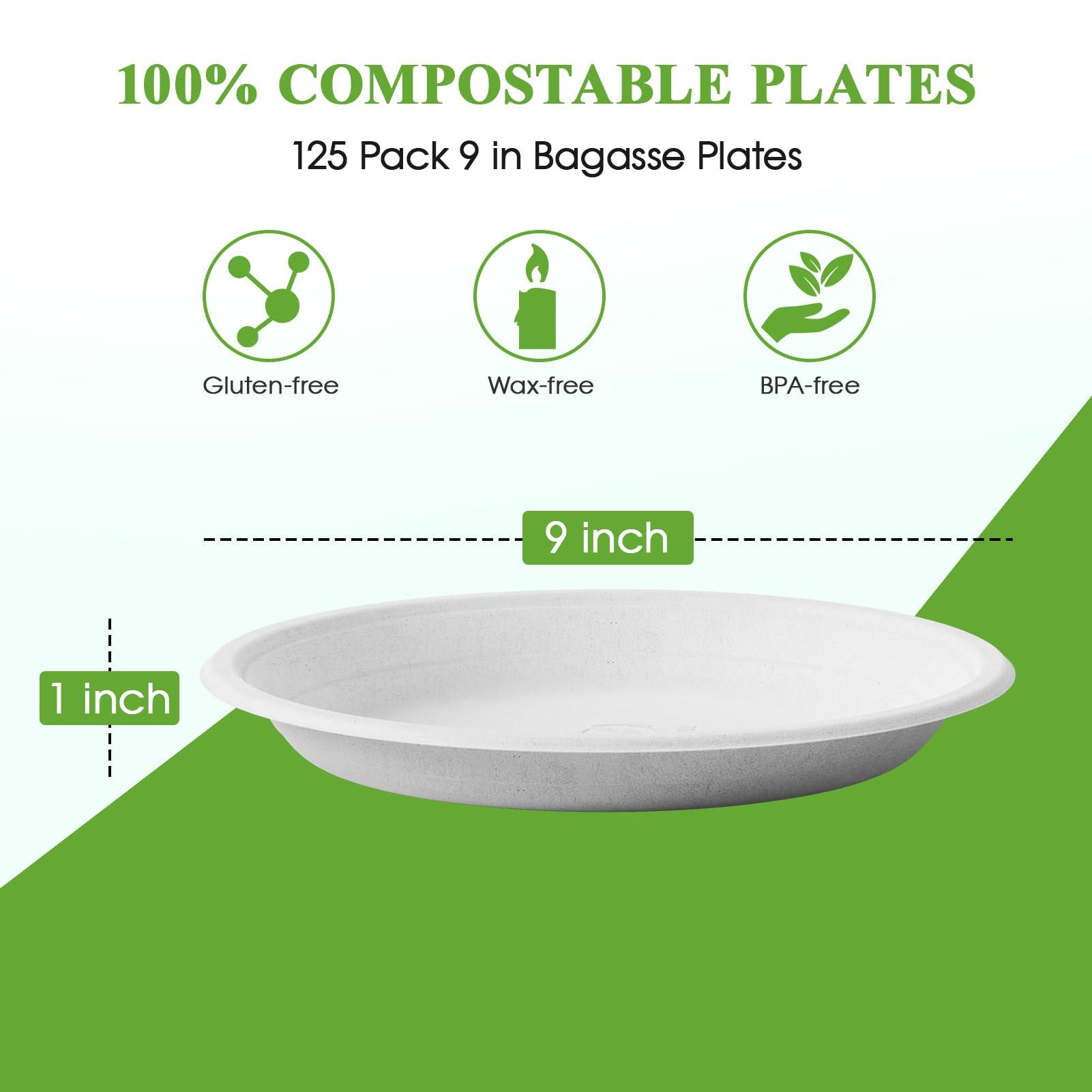 ECOLipak ECOLipak 125 Pack Paper Plates 9 inch 100% Compostable Plates Heavy-Duty Dinner Plates Disposable Bagasse Deep Dish Natural Biodegradable Eco-Friendly Sugarcane Plates(White)