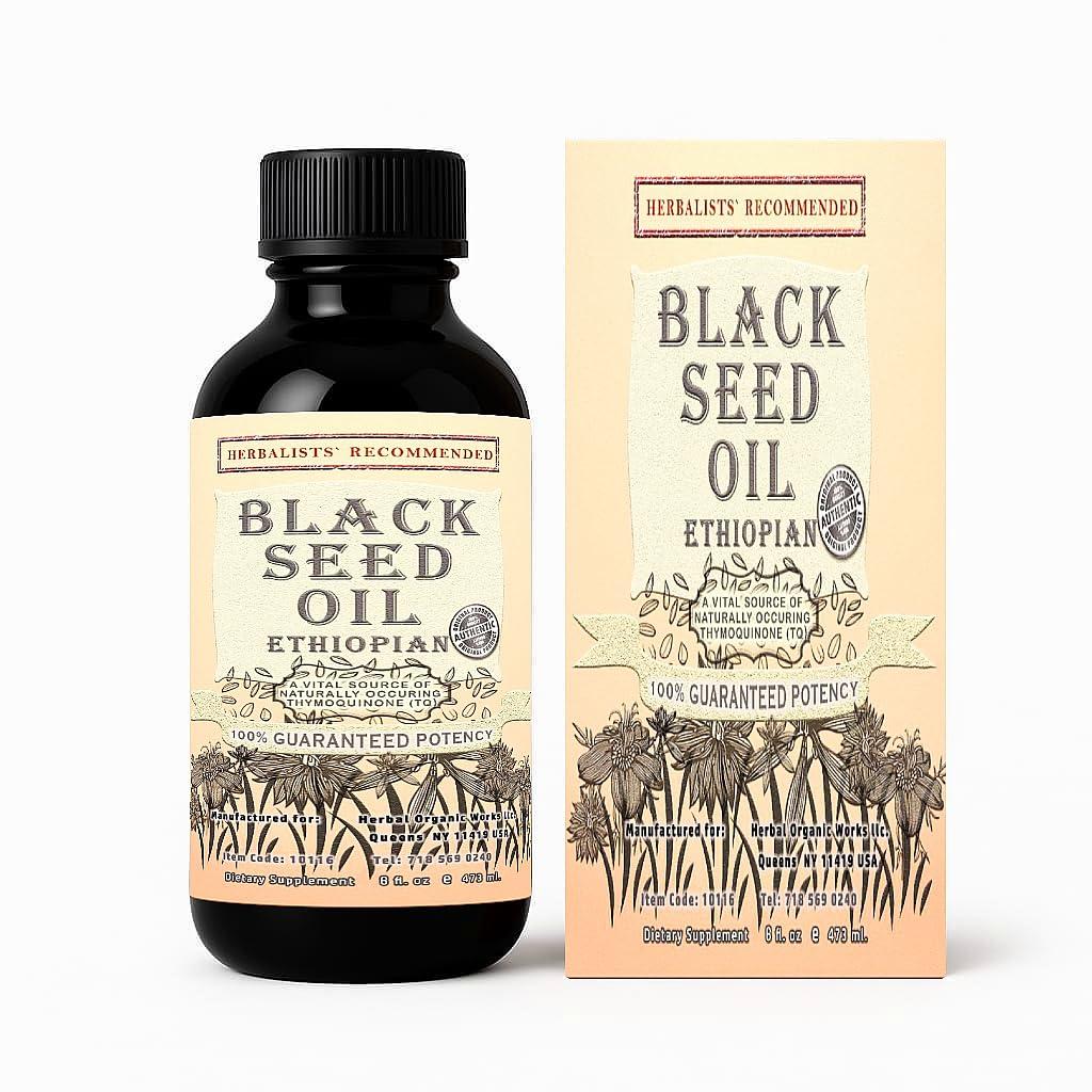 Herbal Organic Works Black Seed Oil 8oz. 100% Ethiopian Pure Black Cumin Seed Oil, 100% Natural Nigella Sativa. 3 Times More Thymoquinone, Cold Pressed in Glass Bottle