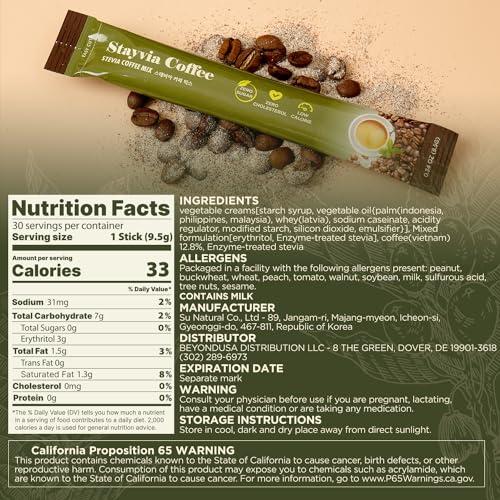 STAYVIA COFFEE STAYVIA COFFEE Stevia Instant Coffee Packets - Korean Instant Latte with Sugar-Free & Low Calories - 30 Sticks (0.33oz) - Plant-Based Sweetener - Enjoy Caffeine Hot & Cold at Office, Home & Travel