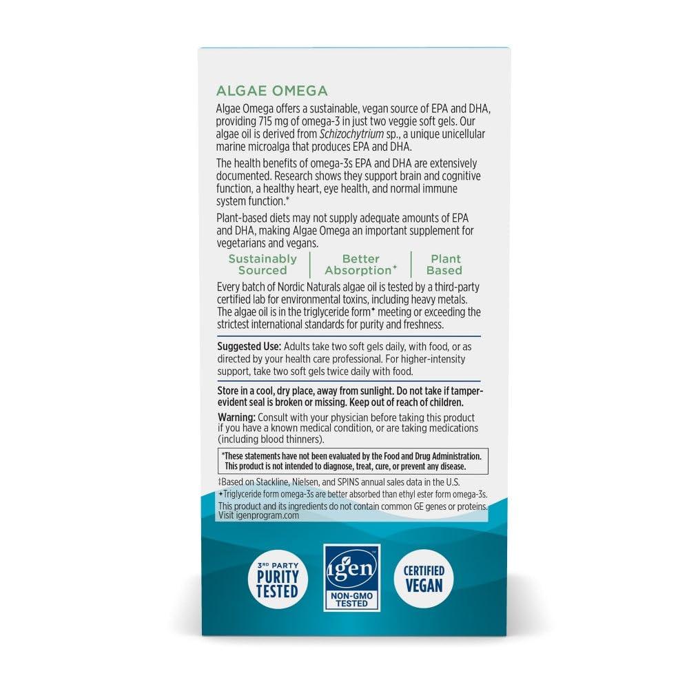 Nordic Naturals Nordic Naturals Algae Omega - 60 Soft Gels - 715 mg Omega-3 - Certified Vegan Algae Oil - Plant-Based EPA & DHA - Heart, Eye, Immune & Brain Health - Non-GMO - 30 Servings