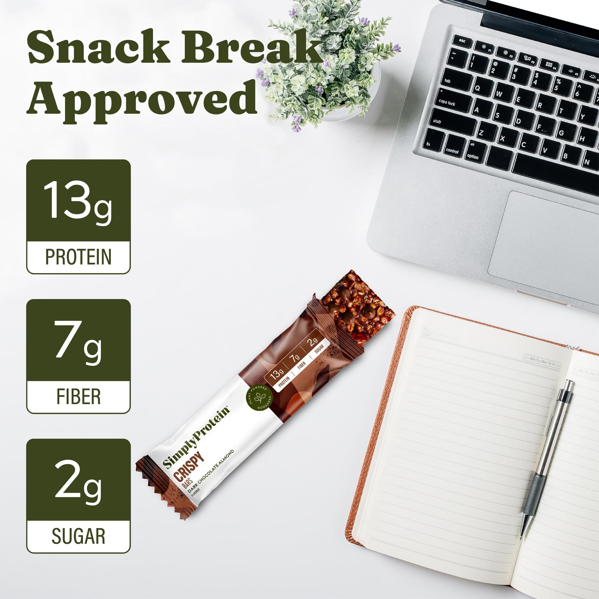 Simply Protein Simply Protein - Dark Chocolate Almond Crispy Bars - Plant Based Protein Bars - Low Carb, Low Sugar, High Fiber - 13g Protein, 2g Sugar, 7g Fiber - Vegan, Gluten Free, Non GMO, Kosher - 8 Bars