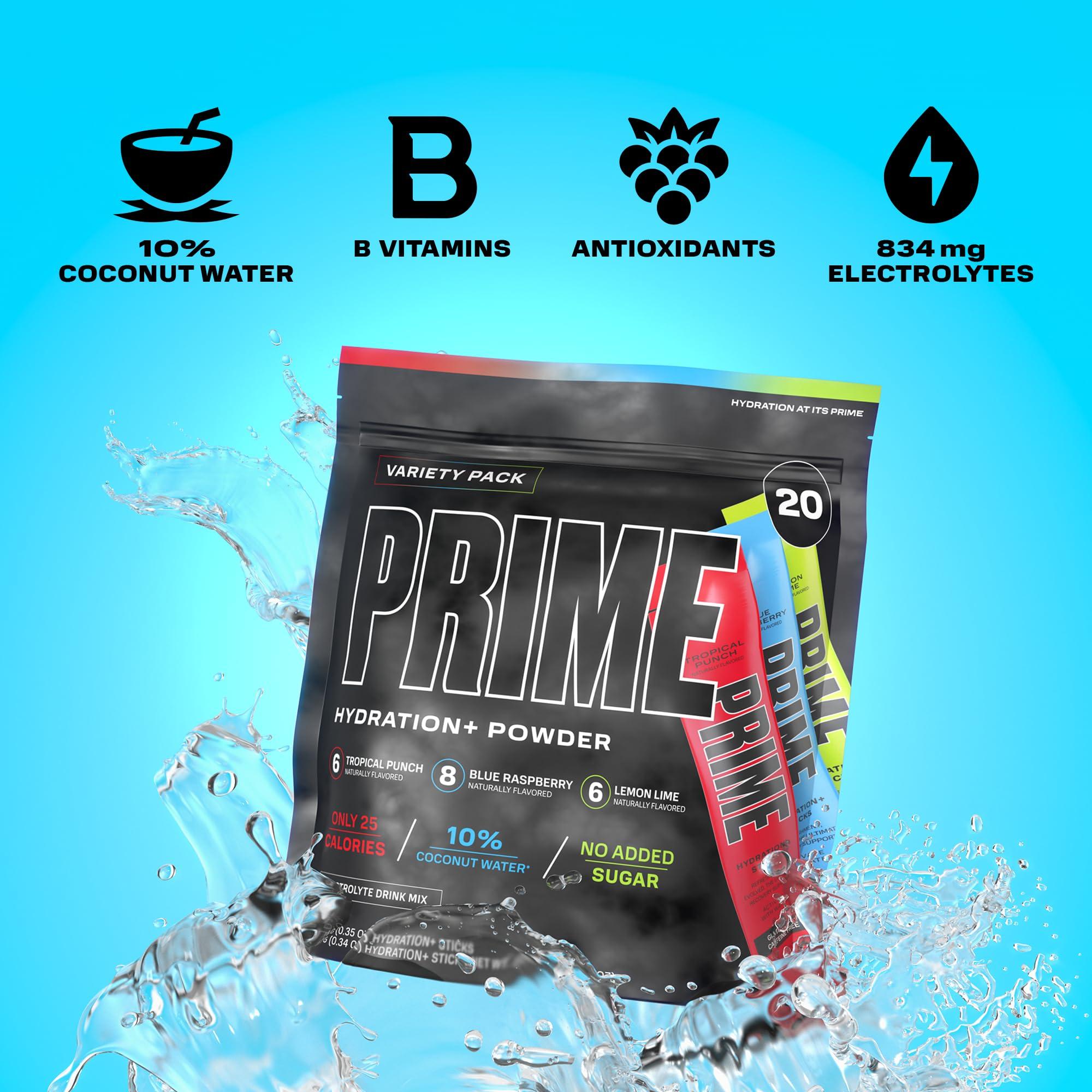 PRIME HYDRATION PRIME HYDRATION+ Sticks VARIETY PACK | Hydration Powder Single Serve | Electrolyte Powder On The Go | Low Sugar | Caffeine-Free | Vegan | 20 Sticks