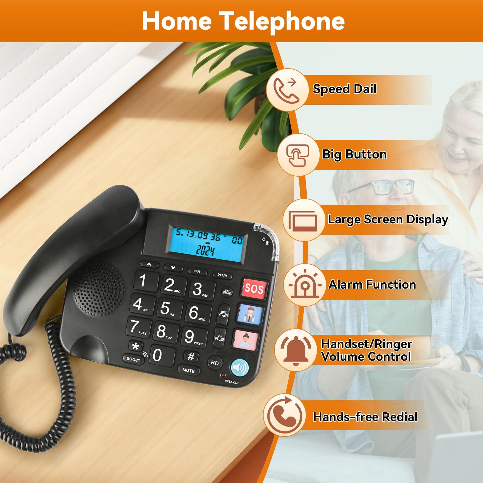 Sangyn Sangyn Senior Telephone Landline Phones with Big Button and Hearing Aid Function for Elderly Corded Phone with Backlight Display Mute Pause Redial for Alzheimer\'s Disease & Enlarged,Black